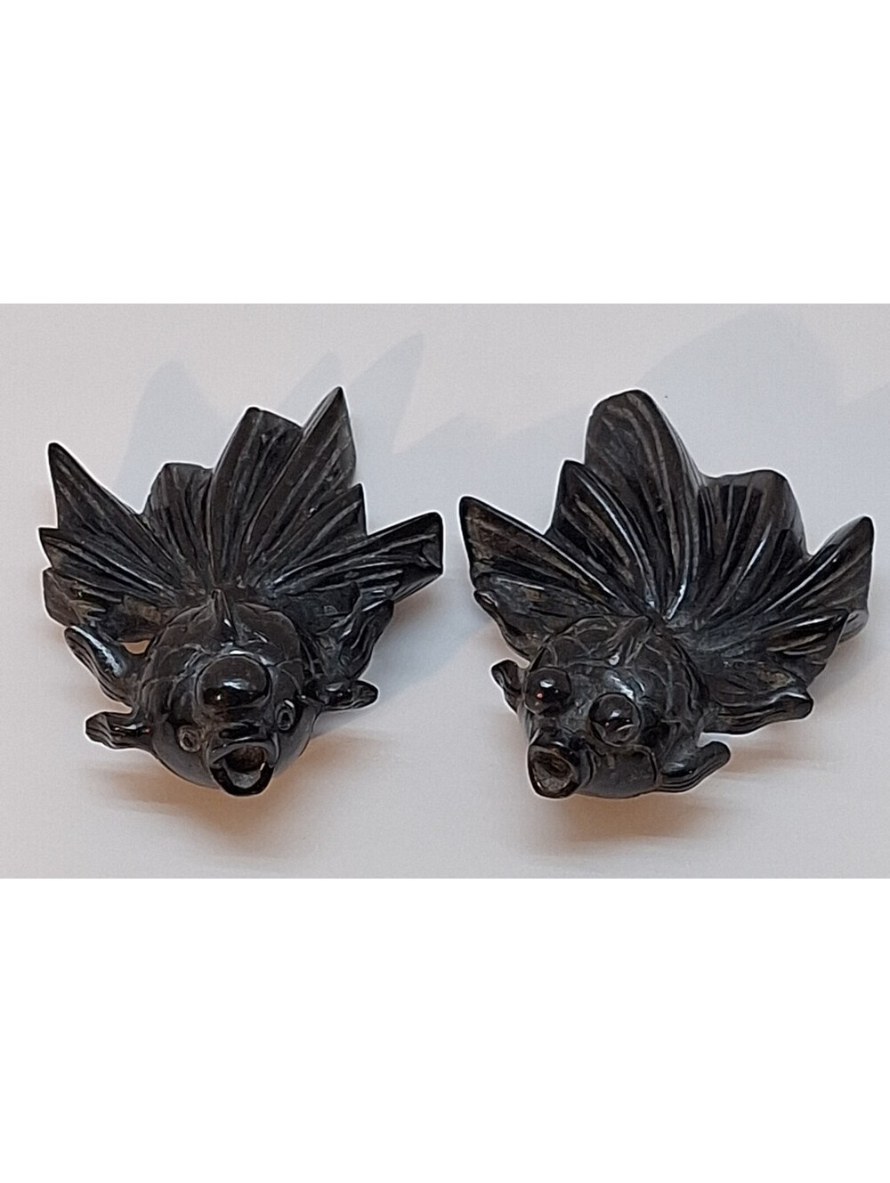 Vintage Hand Carved Hard Stone Goldfish Figurines Pair Black Granite Matrix